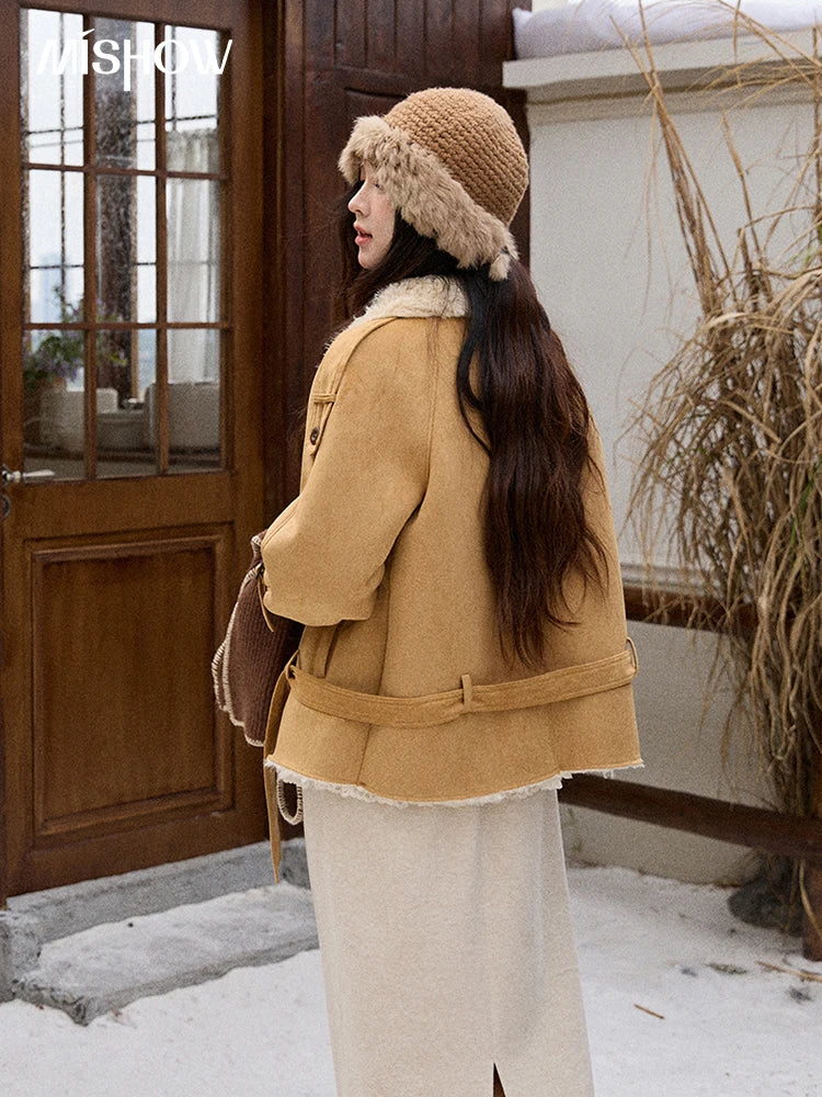 MISHOW Women Winter Jacket 2025 Fashion Suede Lambskin Fleece Coat Commute Windproof Retro Double-breasted Warm Coat MXE86W0907