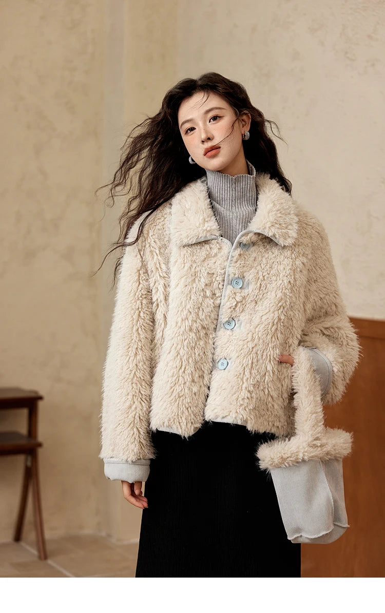 MISHOW Lamb Wool Jacket Women Suede Plush Thick Coat Spliced Turn-Down Collar Sweet Soft Senior Jacket Office Lady MXD59W0753