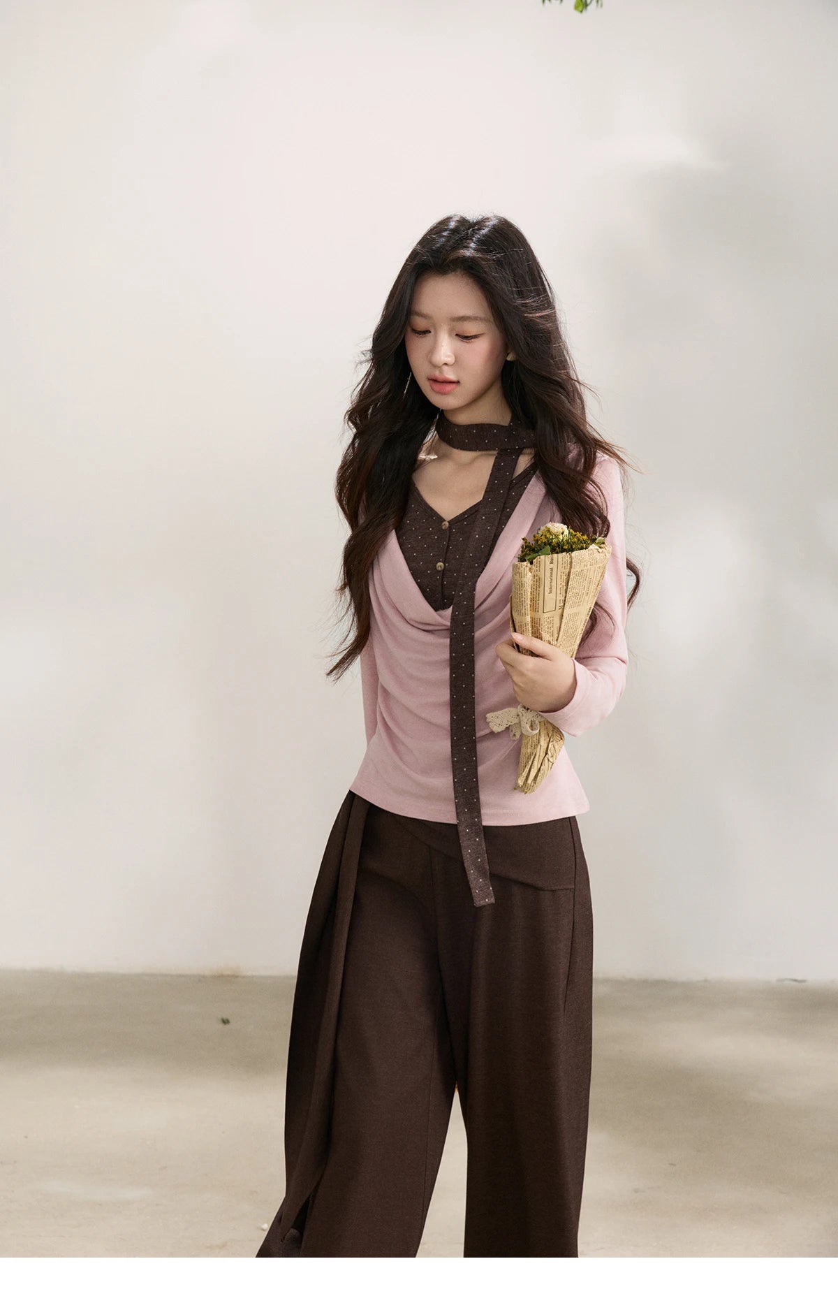 MISHOW Women's Wool Blend Fake Two Piece Draped Neck Knit Top 2026 Spring Wave Point Ribbon Contrast Color Casual Top MXF13Z2977