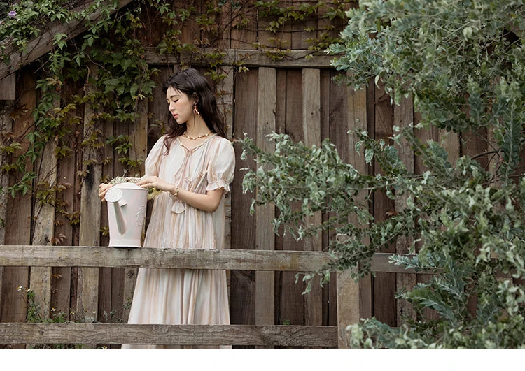 MISHOW French Summer Dress Women 2025 New V-neck Short Puff Sleeve Hollow Gradient Dresses Female Fashion Slimming MXE31L2166