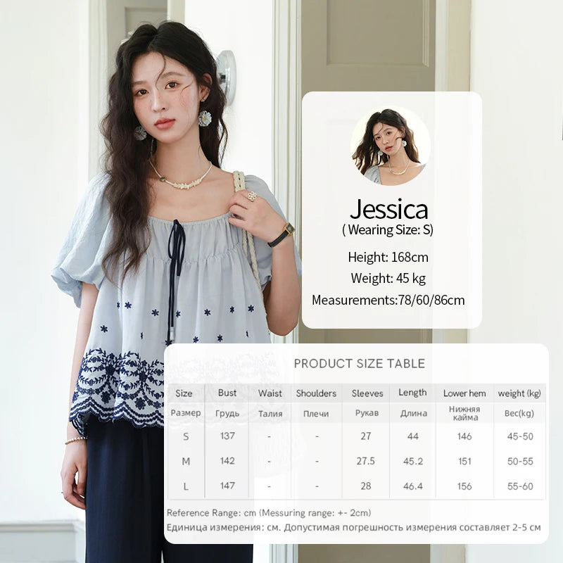 MISHOW Women's Summer Loose Print Blouse 2025 New Fashion Square Neck Lace Up Puff Sleeve Blue Blouse Female Clothing MXE36X1799