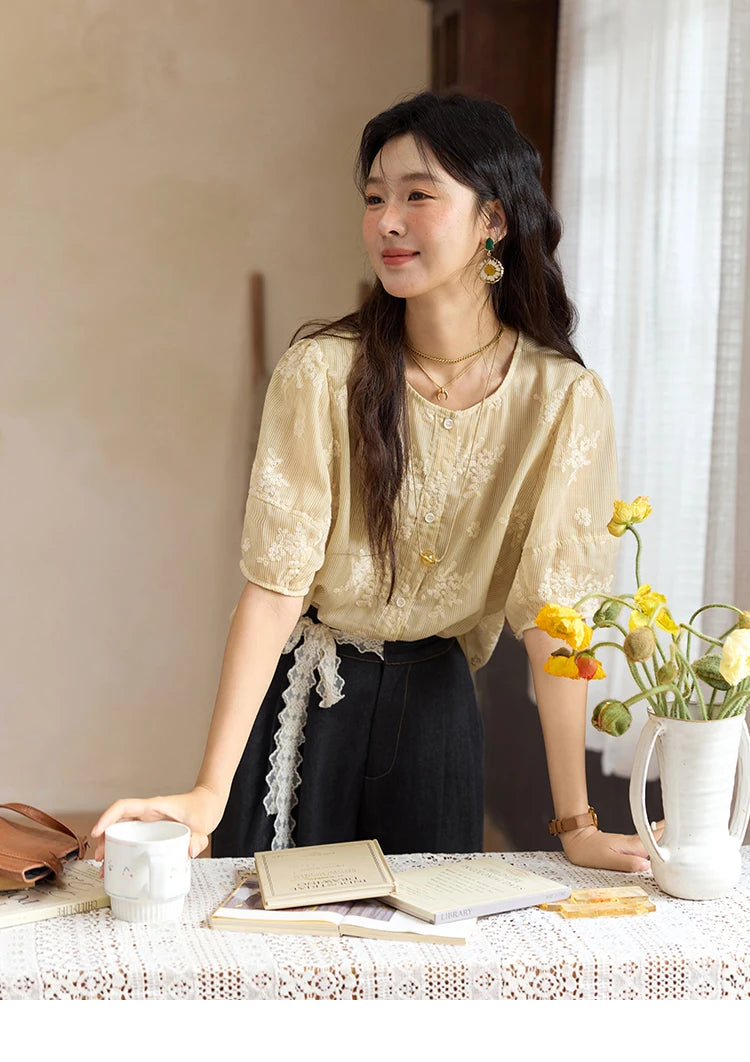 MISHOW French Retro Embroidered Floral Blouse for Women Summer 2025 Round Neck Single Breasted Top Puff Sleeve Blouse MXE36X1874