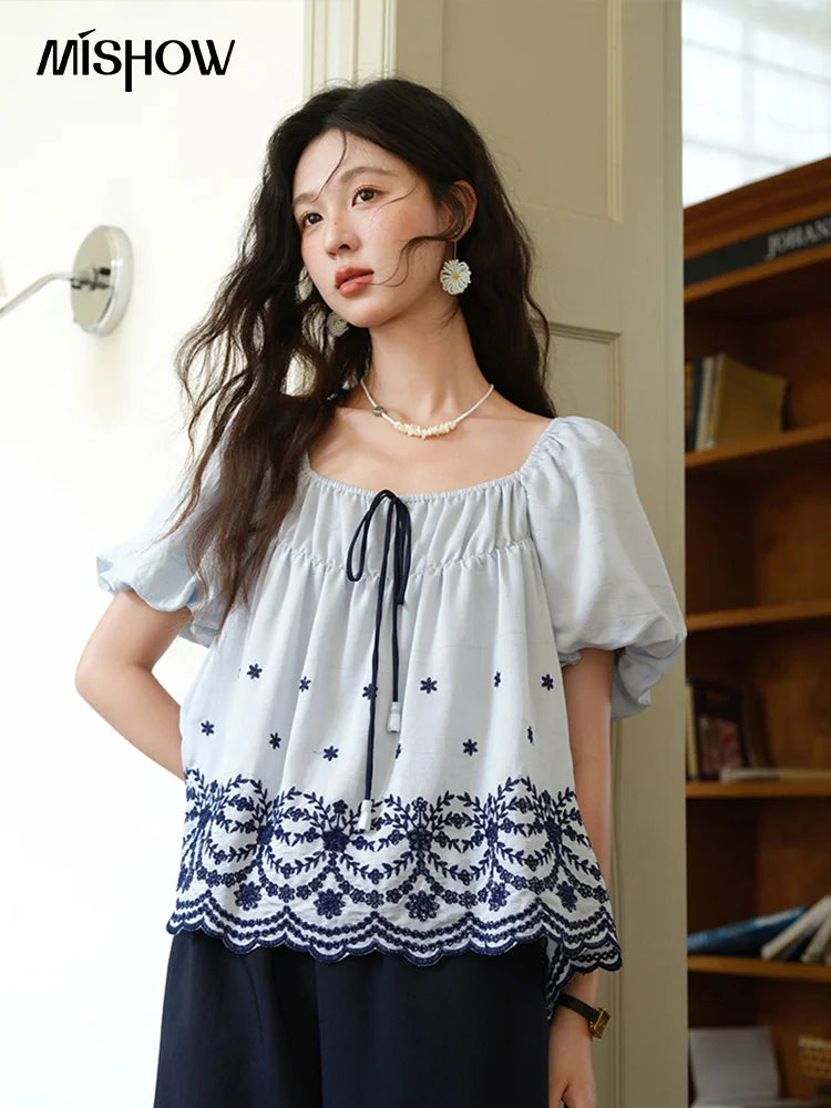 MISHOW Women's Summer Loose Print Blouse 2025 New Fashion Square Neck Lace Up Puff Sleeve Blue Blouse Female Clothing MXE36X1799