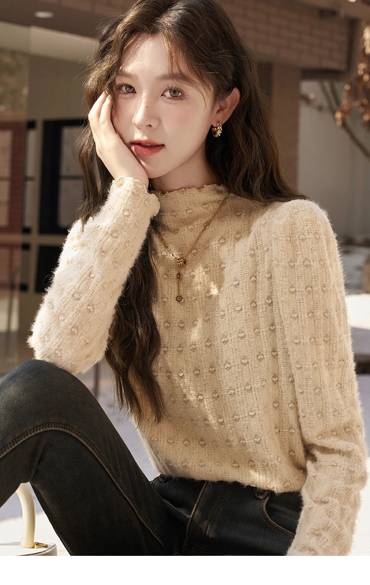 MISHOW Lace Bottoming Shirt Women Autumn Winter Mock Neck Long Sleeve Knitted Pullover French Warm Inner Top Female MXC58Z0481