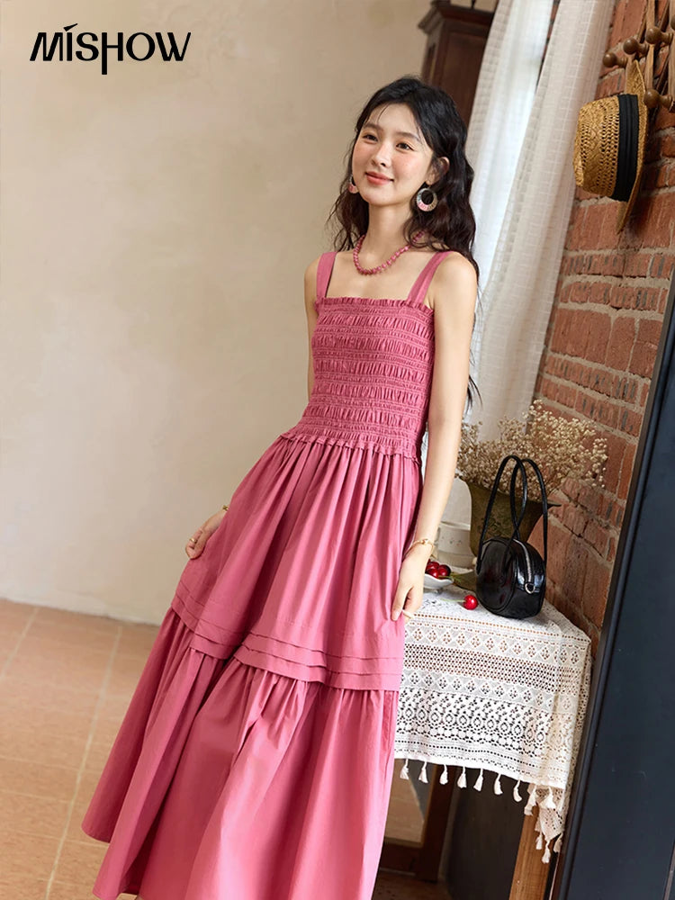 MISHOW Sling Square Collar Dress for Women 2025 Summer High Waist Pocket Fashion A-line Long Dress Ladies Clothing MXE36L2319