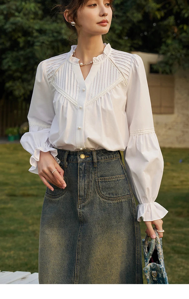 MISHOW French Organ Pleated V-neck Shirt 2025 Autumn Petal Patchwork Ruffle Sleeve Solid Pearl Single Breasted Tops MXD13X1354