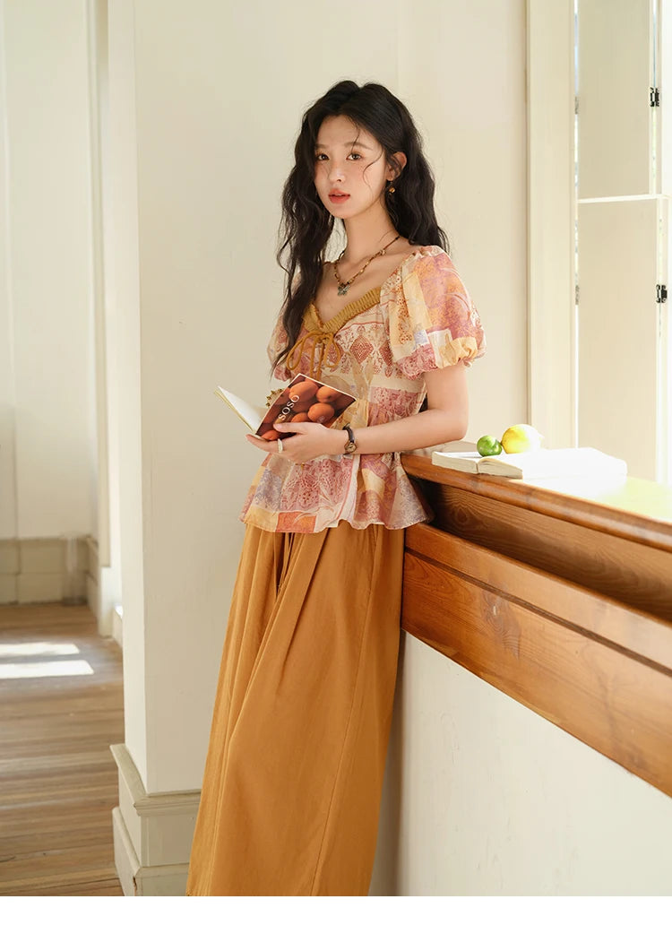 MISHOW V-neck Lace Up Patchwork Blouses for Woman 2025 Summer New Ladies Puff Sleeve Print Loose Top Female Clothing MXE38X1911