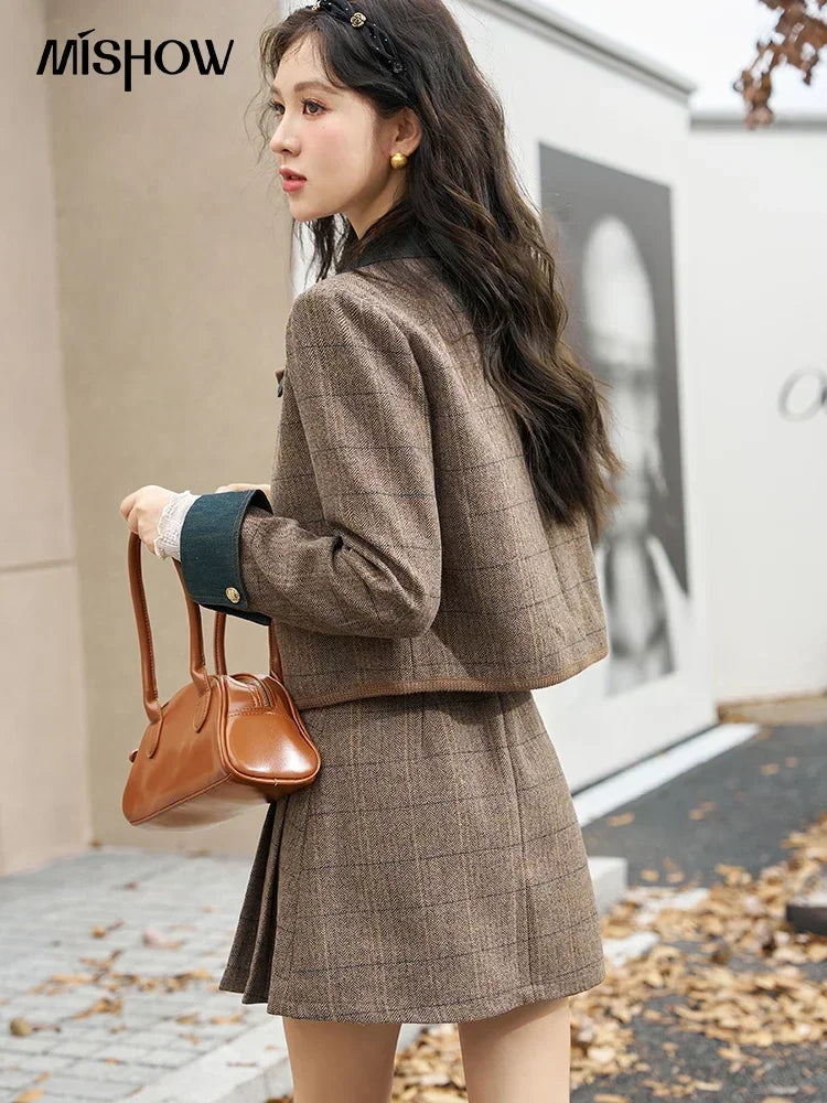 MISHOW Fashion Retro Plaid Coat Half pleated Skirt Separately 2024 Autumn Wool Jacket Retro Skirt Office Lady MXC47W0154