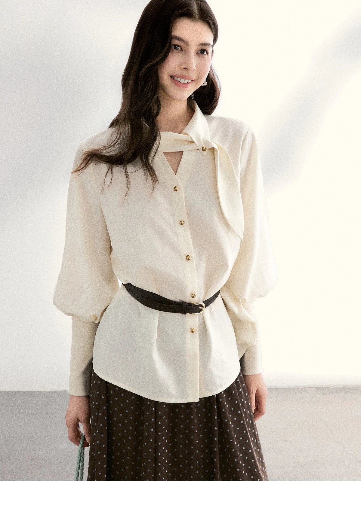 MISHOW Women's Tie Neck Shirts Spring Hollow-out Knitted Patchwork Puff Sleeve Tops Casual Elegant Shirt Office Lady MXF108C0812