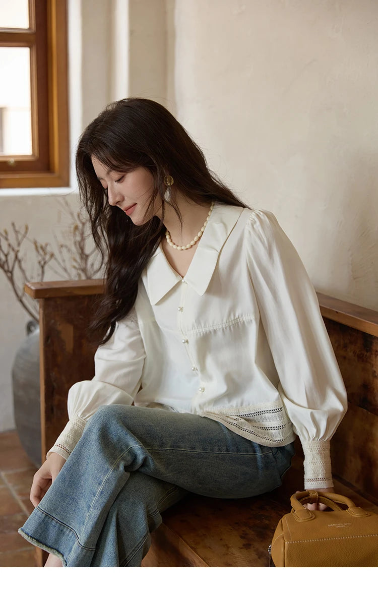 MISHOW Women's French Lace Patchwork Shirt 2025 Autumn Butterfly Collar Lantern Sleeves Apricot Elegant Commuting Top MXE41C2357