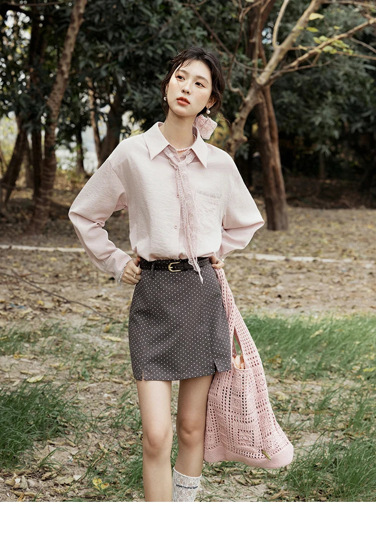 MISHOW French Spring Blouses Women 2025 New Long Sleeve Turn-down Collar Loose Shirts Female Fashion Lace Casual Tops MXE16C0760