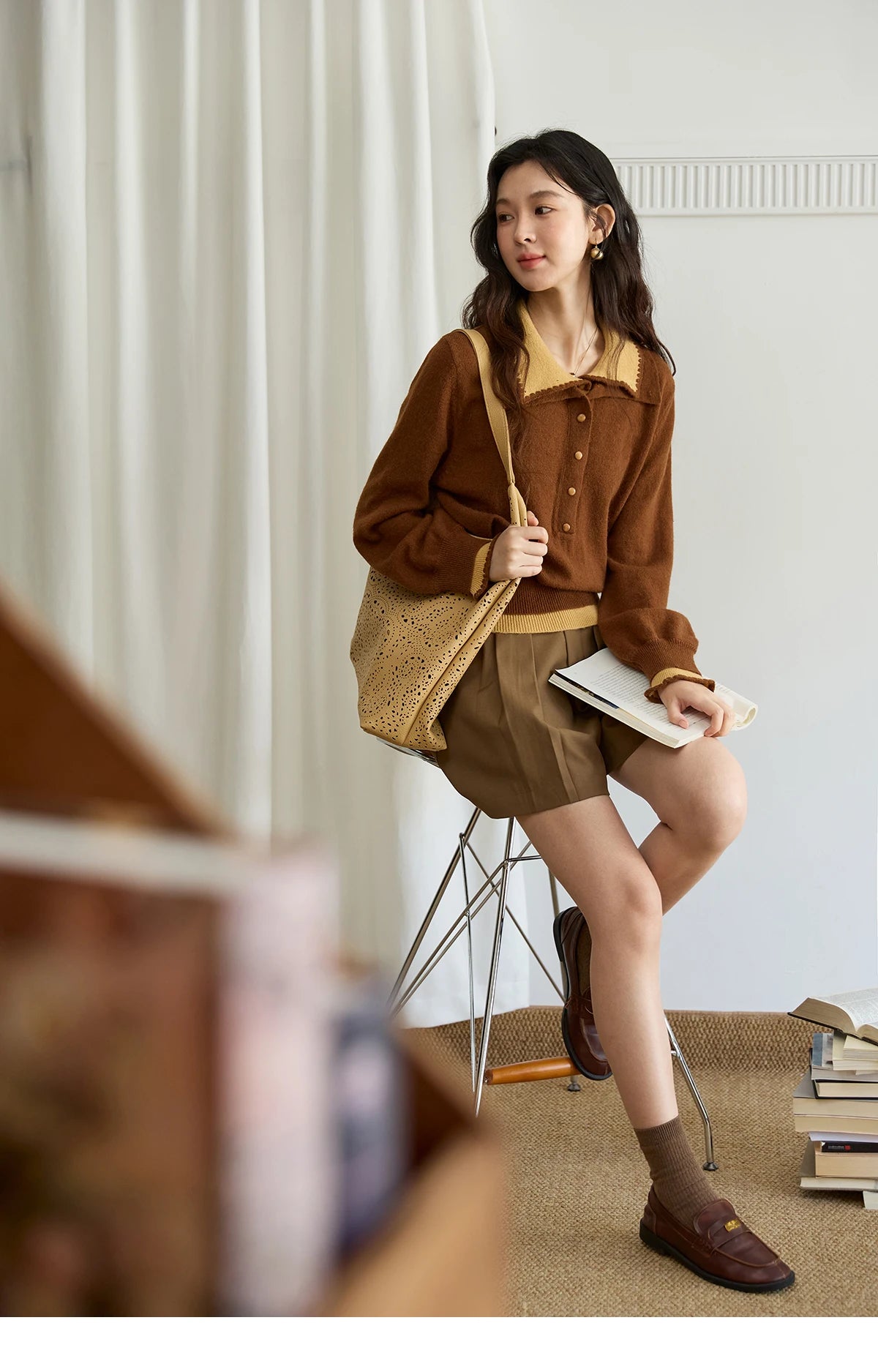 MISHOW Elegant Women's Sweaters 2025 Autumn Designer Knitted Double-layer Turn-down Collar Loose Long Sleeves Tops  MXE45Z2502