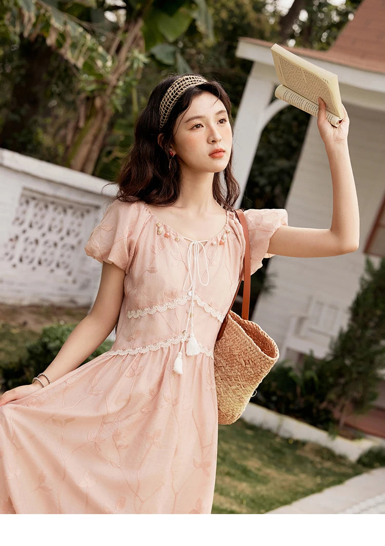 MISHOW Print Office Lady Dress Women Summer 2025 Short Sleeve Round Neck Beaded Neckline Slim Waist Dresses Female MXE33L2208