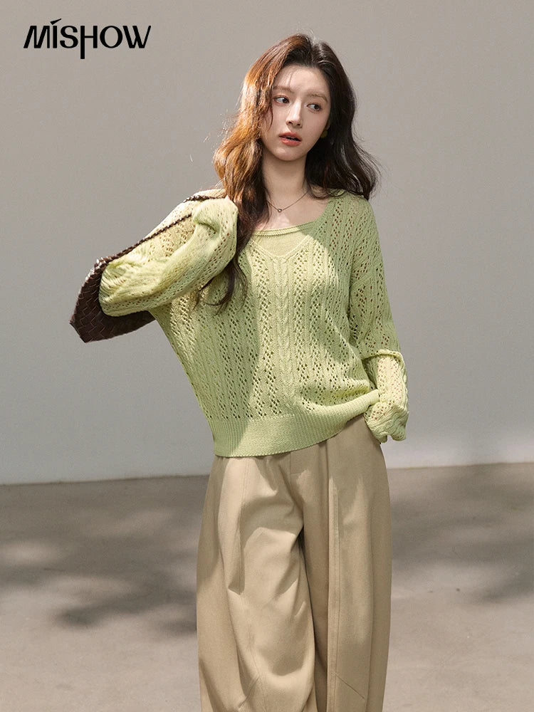 MISHOW Women's Hollow Out Cable Knit Tops with Camisole Two Piece Set Spring Loose Casual Breathable Green Sweater MXF16T1524