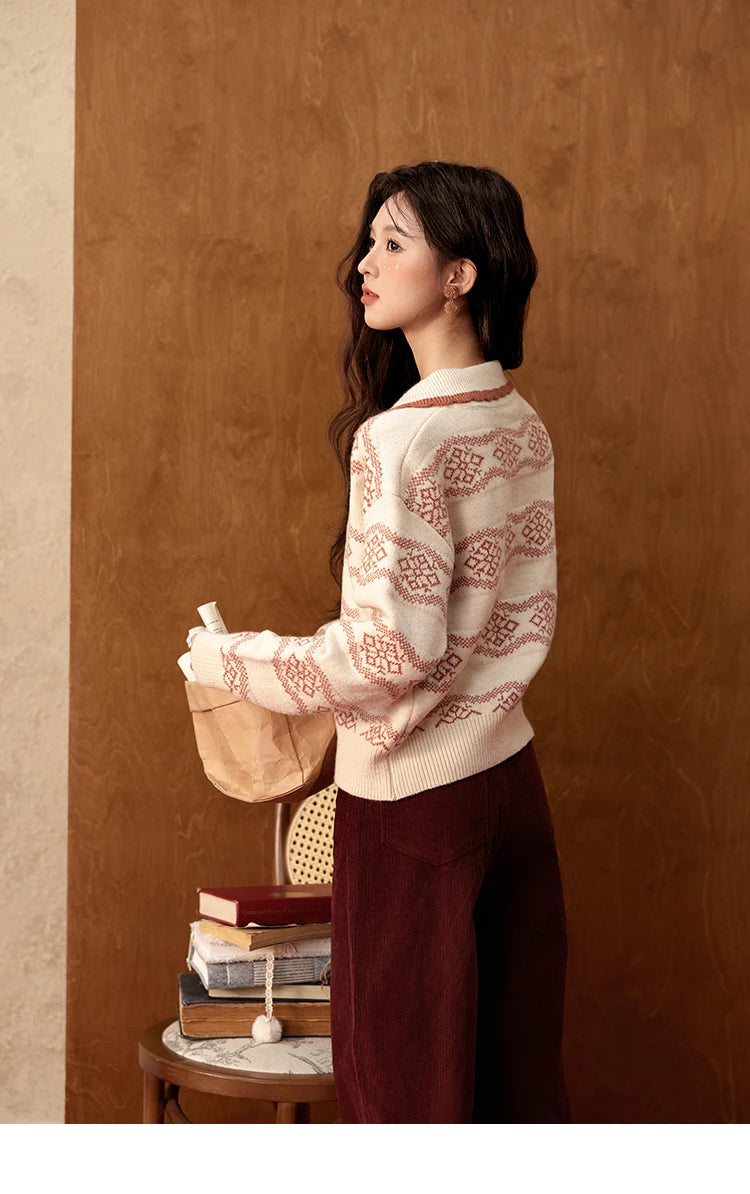 MISHOW Fair Isle Knitting Sweater Women Christmas Turn Down Collar Pullovers Versatile Soft Warm Office Lady Warm Top MXD59Z1042