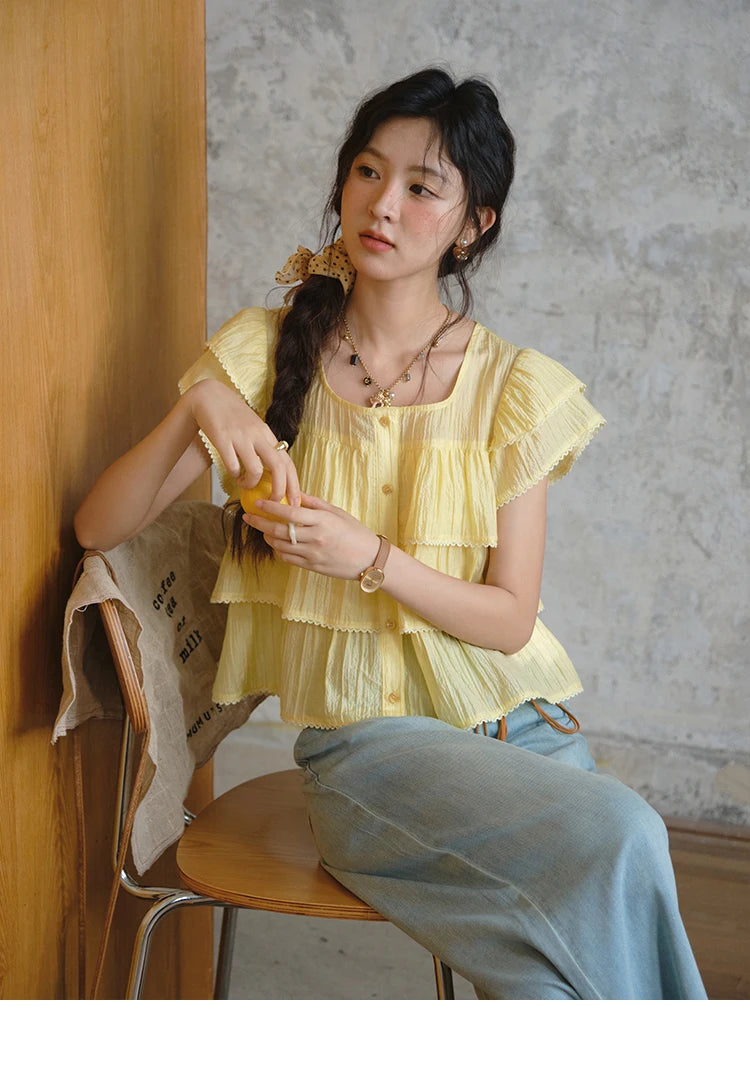MISHOW Butterfly Sleeve Chiffon Shirt Women's 2025 Summer New Women's Clothing Retro Square Neck Button Casual Shirt MXD30X1488