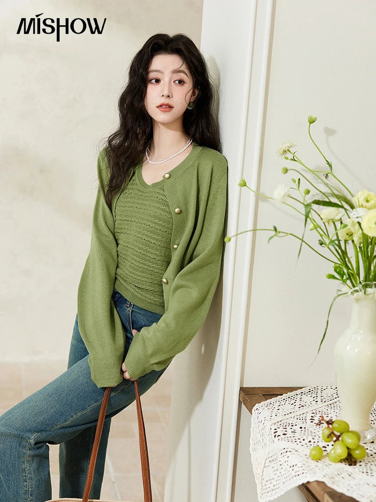 Mishow Avocado Green Metal Button Crochet Cardigan MXE11Z1188