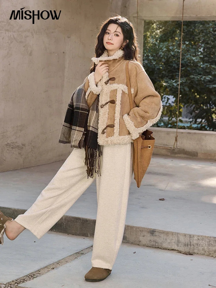 Mishow Vintage Cow Horn Button Lamb Wool Coat MXD35W0492