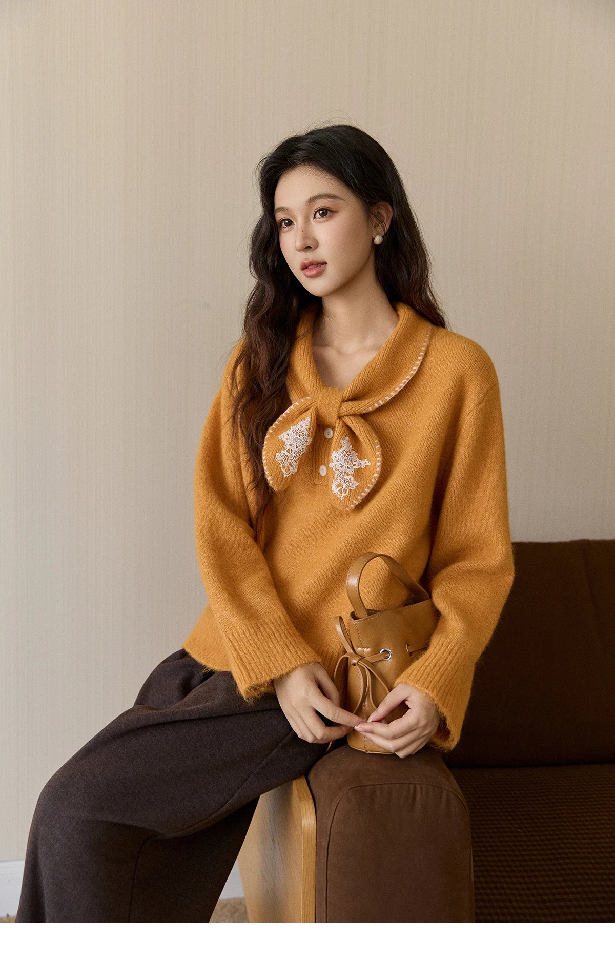MISHOW Women's Yellow Knitted Sweater 2025 Autumn Winter Bow Collar Splicing Lace Tops Loose Warm Pullover Sweaters MXE94Z2971