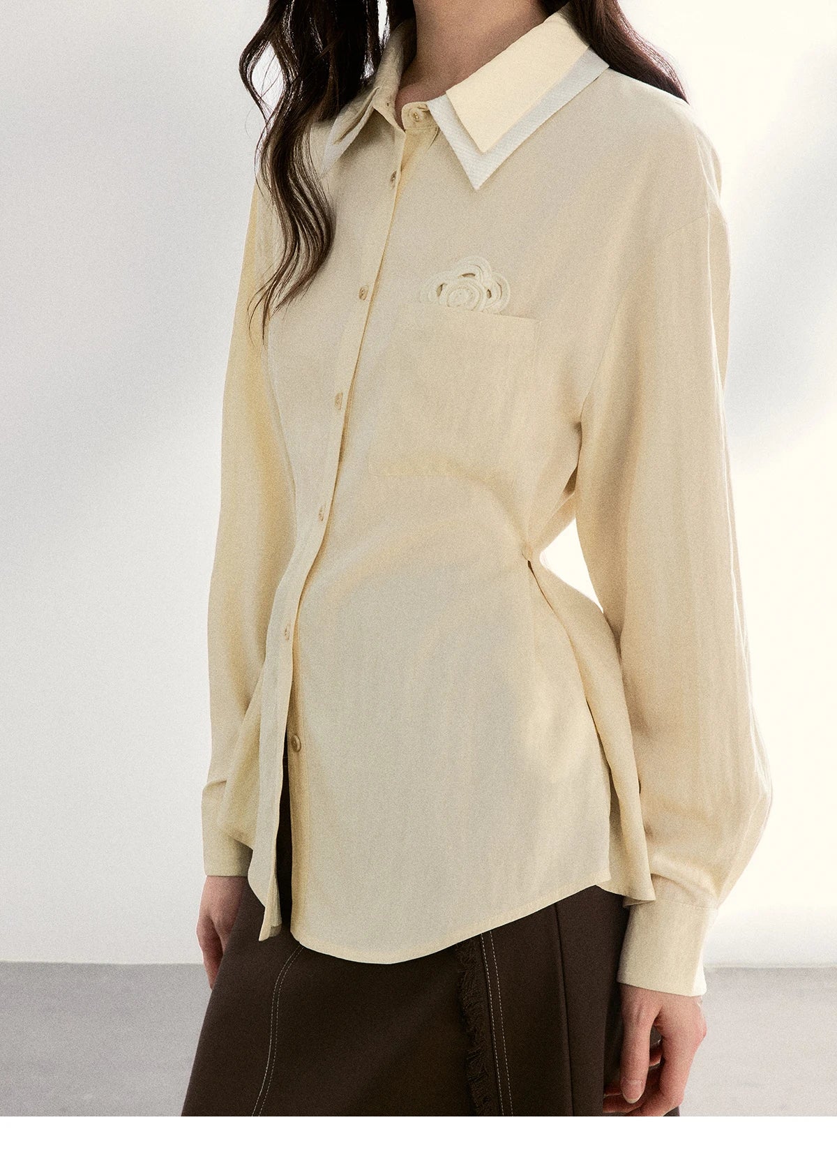 MISHOW Women's Contrast Trim Lapel Collar Shirts 2026 Spring Floral Embroidery Pocket Decor Button Waist Casual Shirt MXF13C2440