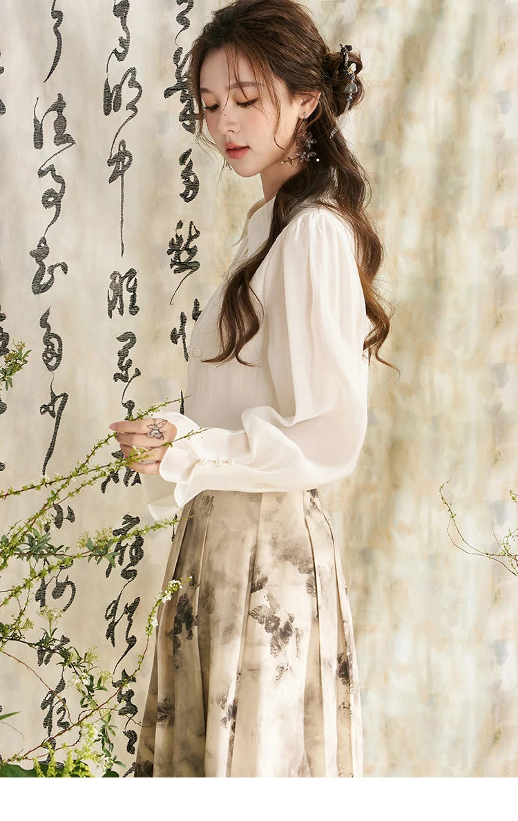 MISHOW Chinese Style Lapel Shirt 2024 Spring Retro Button Pearl Embellishments Folded Cuffs Petal Sleeve Loose Top MXD11X1344