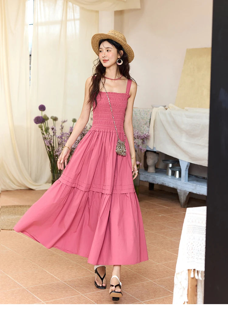 MISHOW Sling Square Collar Dress for Women 2025 Summer High Waist Pocket Fashion A-line Long Dress Ladies Clothing MXE36L2319