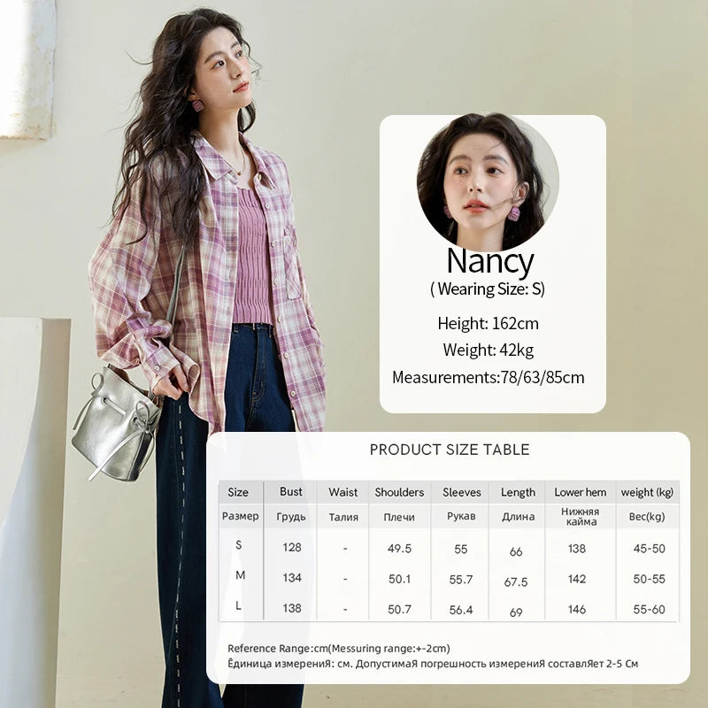 MISHOW Women's 100 Cotton Long-sleeve Purple Plaid Shirt Spring 2025 Loose Pockets Casual Shirts Korean Polo Neck Top MXE14C0417