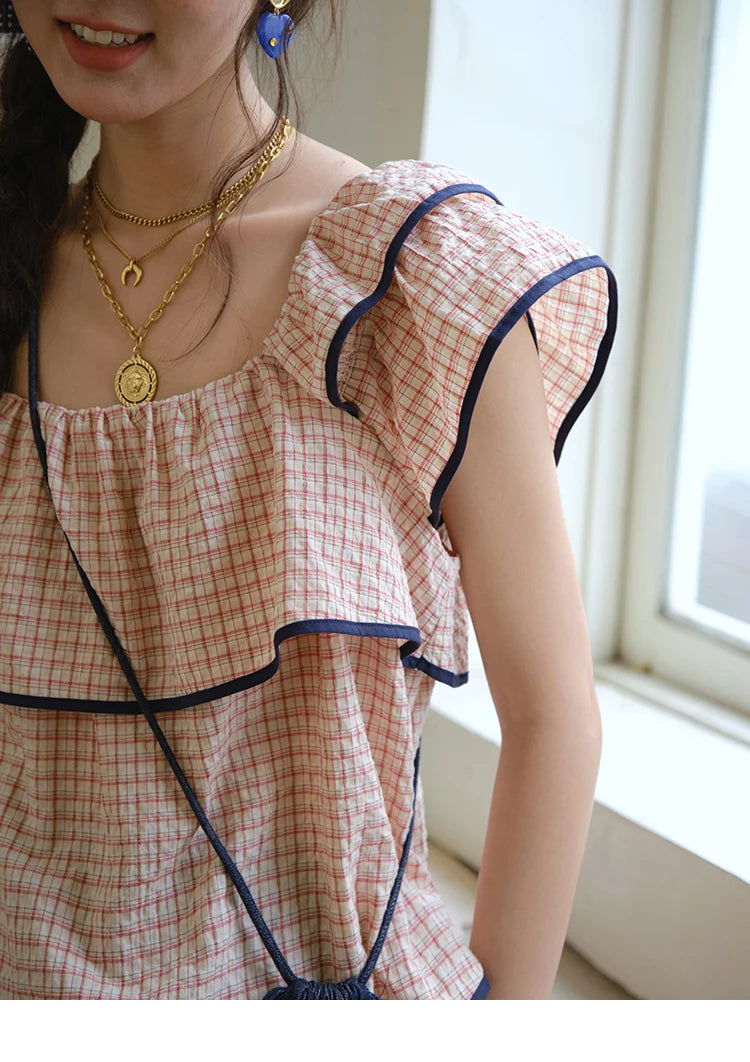 MISHOW Two-Piece Ladies Set Square Neck Ruffles Plaid Blouse High Waist Slim Wide Leg Casual Pants Set 2025 Summer MXE36T0636