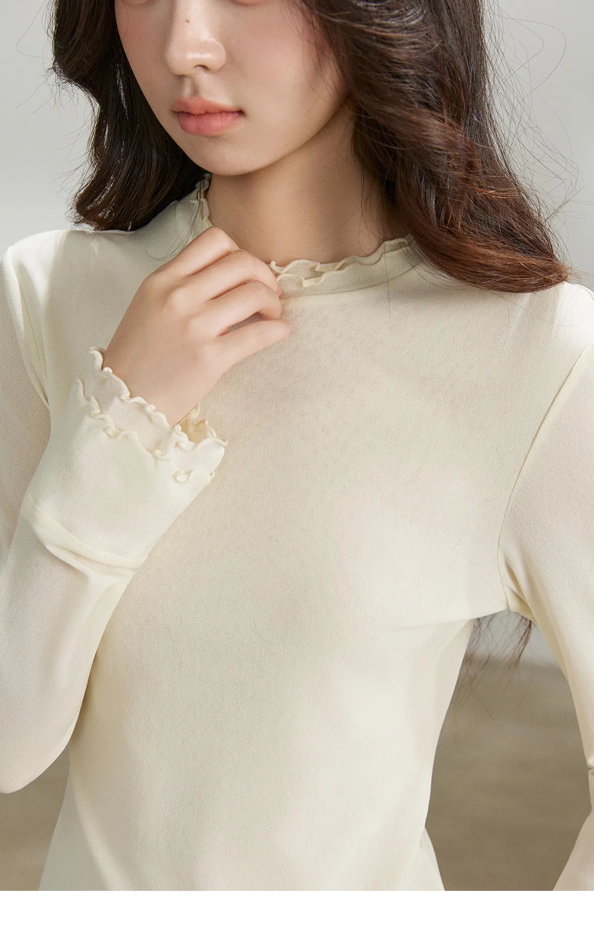 MISHOW Women's Ruffled Crew Neck Interior T-shirt 2026 Spring Lightweight Transparent Mesh Tops Slim Casual T-Shirt MXF11Z2914