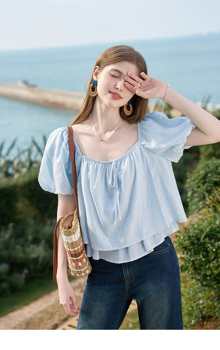 MISHOW French Square Neck Tied Lantern Sleeve Blouses 2025 Summer Double Layered Hem Puff Sleeve Solid Sweet Tops MXD26X1551