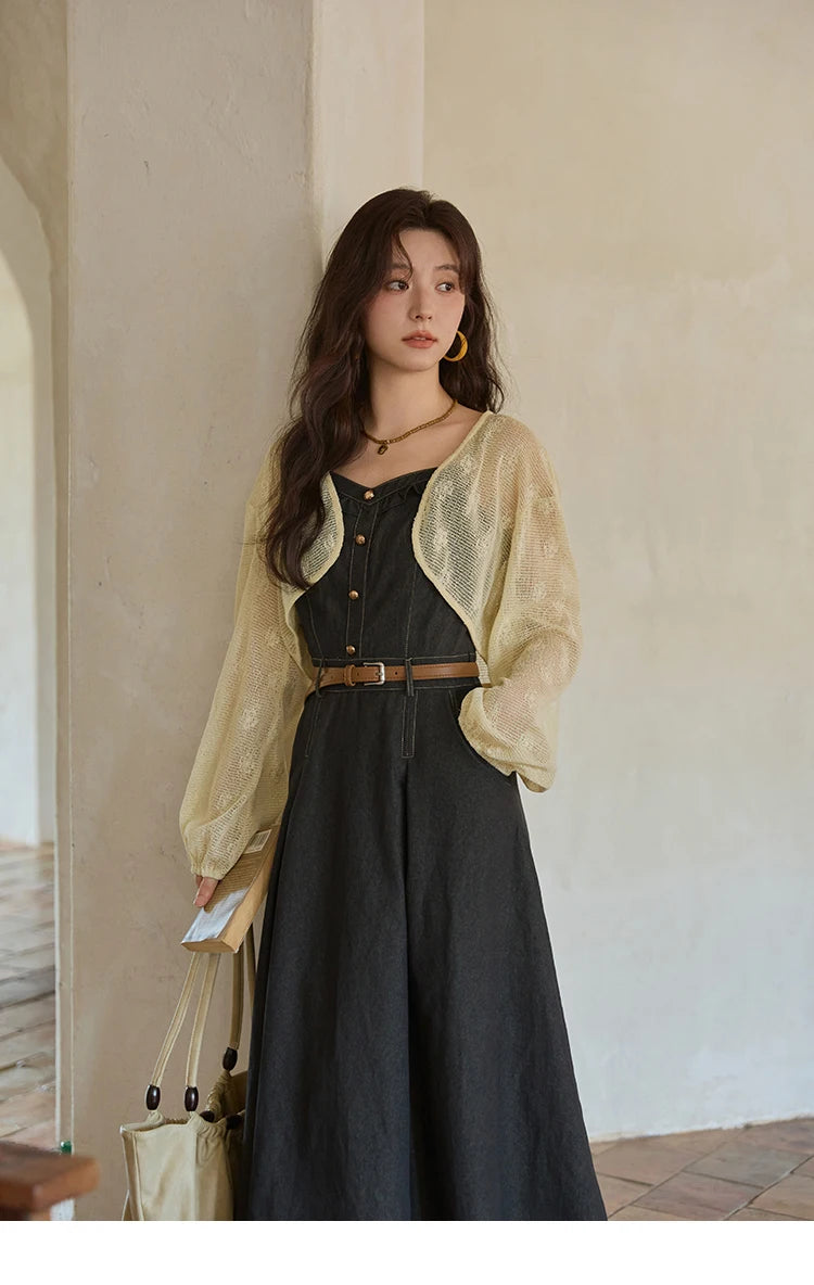 MISHOW Women's Two-Piece Set 2025 Lantern Sleeves Knitted Cardigan Imitation Denim Strap Dress Set With Belt Included MXE41T0704