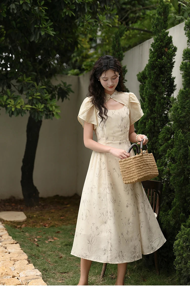 MISHOW Chinese Improved Cheongsam Floral Dress for Women 2024 Summer Hollow Out Fake Two-piece Printed Chiffon Dress MXD23L1799