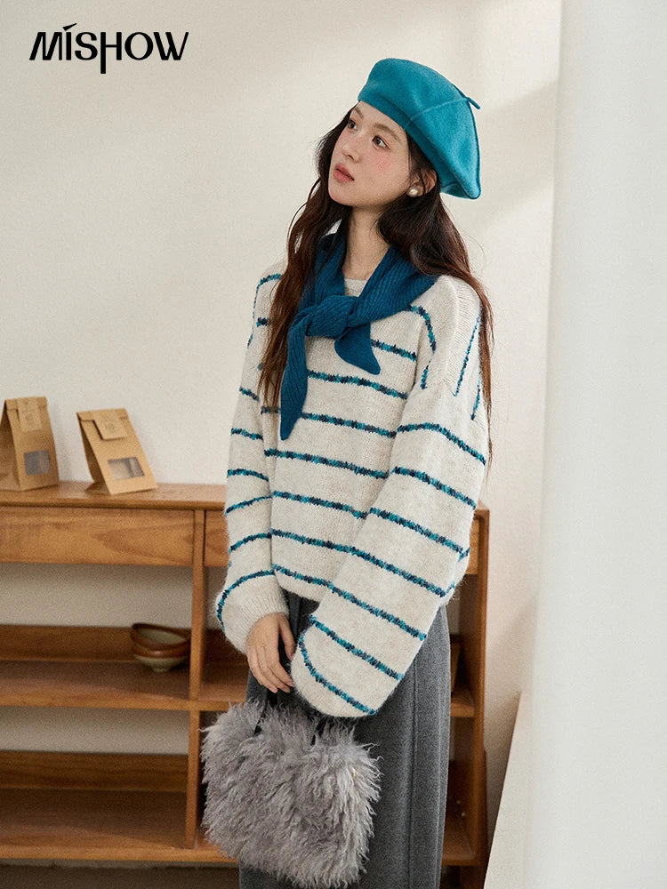MISHOW Women's Blue Striped Sweater 2025 New Alpaca Wool Shawl Scarf Set Retro Loose Casual Knit Top Winter Clothes MXE90Z2821