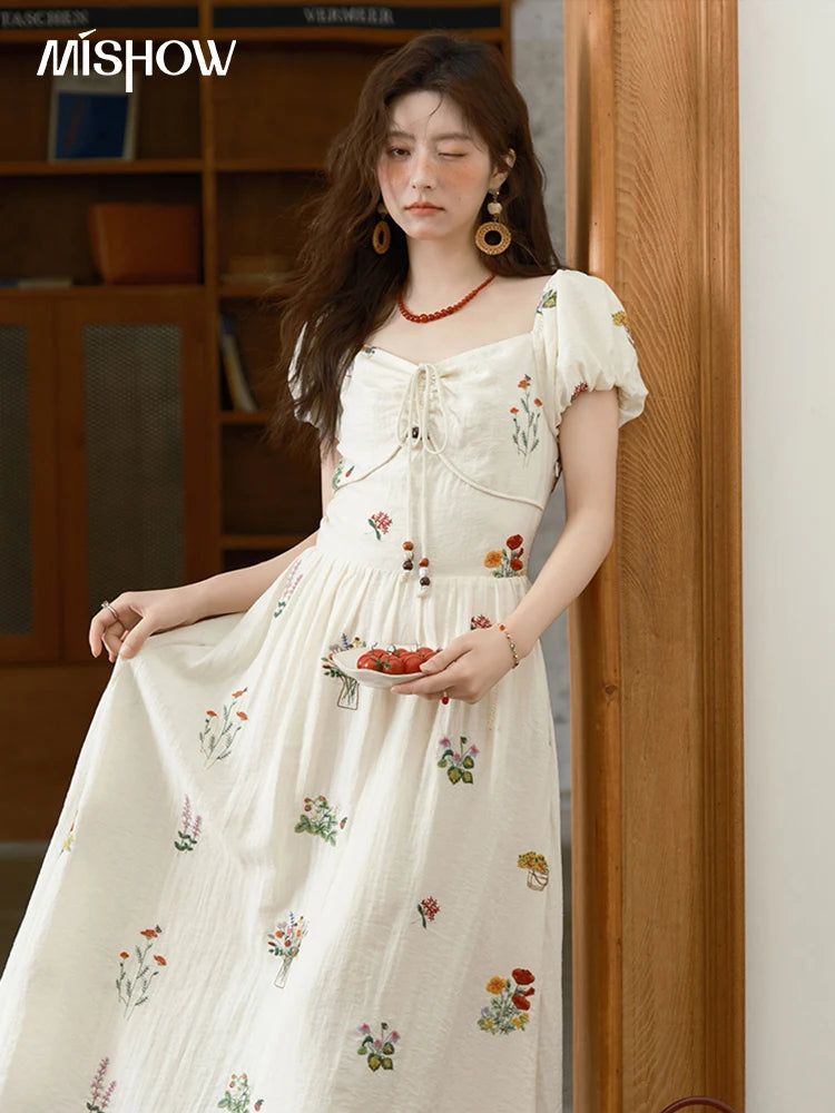 MISHOW Fashion Flower Embroidery Dress for Women Summer 2025 New Square Neck Lace Up Puff Sleeve Large Swing Dresses MXE37L2315