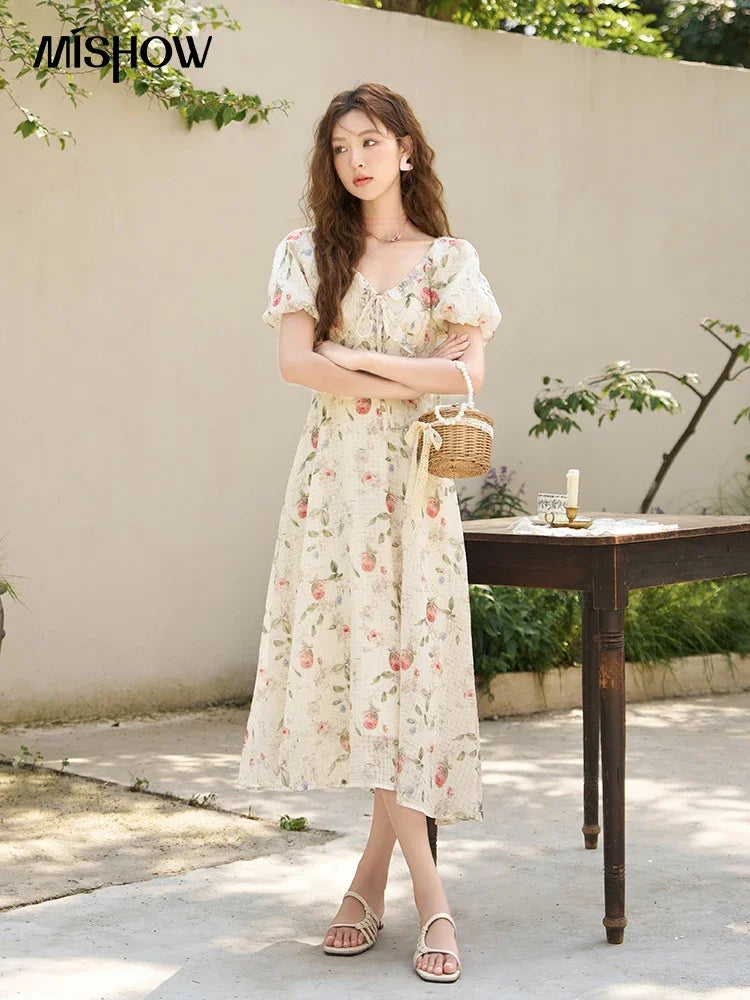 MISHOW Elegant Fairycore Floral Dresses for Women 2023 Summer French A-line Ruffles V-neck Puff Sleeve Sweet Dress MXC33L1465