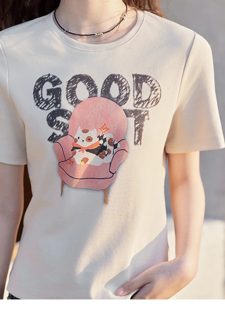 MISHOW Printed Cotton T-shirts for Women Spring 2025 Loose Slim Short Round Neck Tees Versatile Soft Casual Tops MXE13T0461