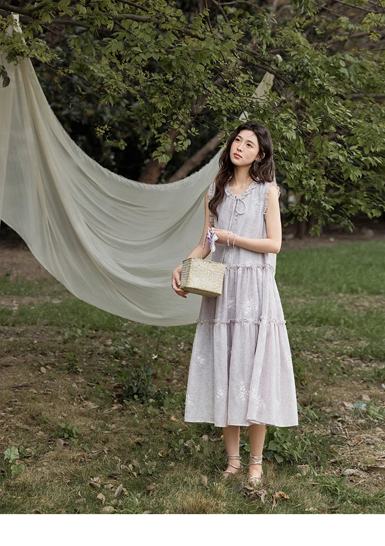 MISHOW Summer Embroidered Dress for Women 2025 New Round Neck Ruffled Sleeveless A-line Midi Dresses Female Fashion MXE33L2231