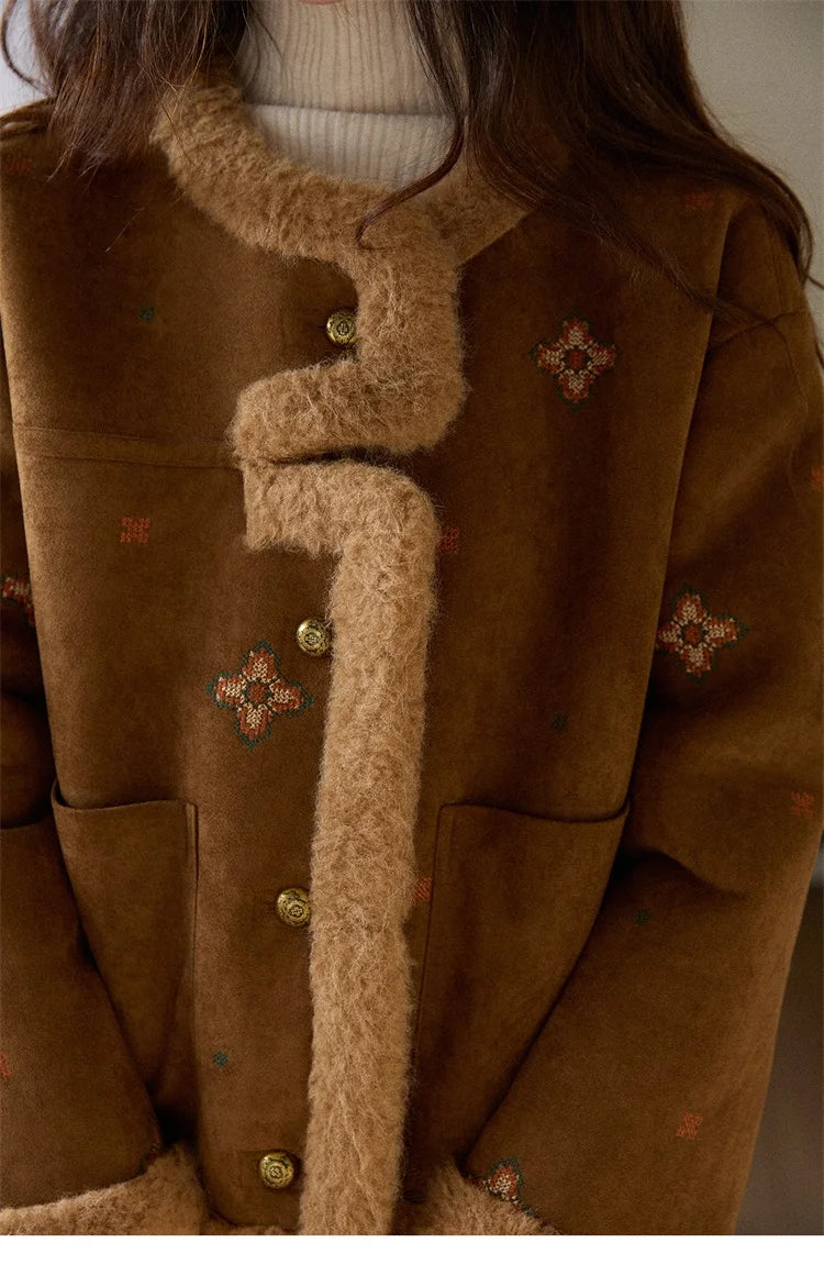 MISHOW Women Brown Jacket 2025 Winter Retro Stand Collar Single-Breasted Windproof Coat Comfortable Long-Sleeve Coat MXE86W0910