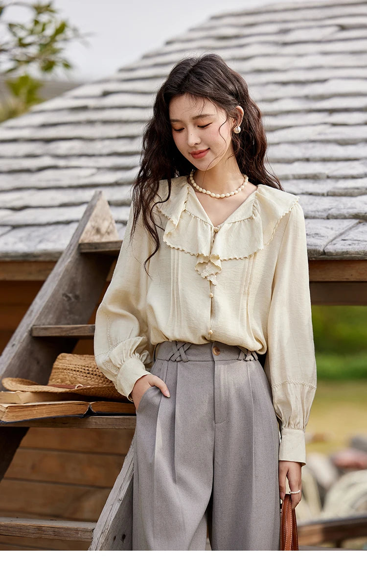 MISHOW Lotus Leaf Collar Shirt Bubble Sleeves Pink Shirt for Women Spring 2025 Sweet Chiffon Top Temperament Shirts MXE12X1702