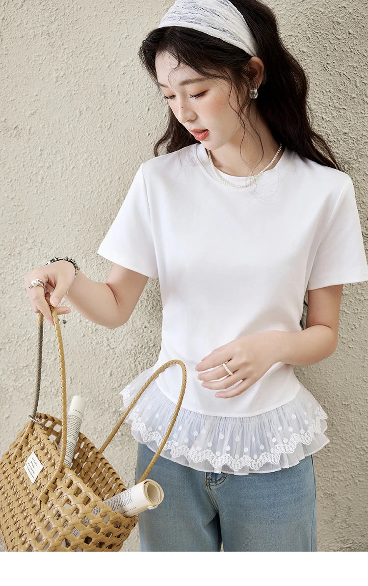 MISHOW Lace Hem Splicing T-shirt for Women Spring/summer 2025 Round Neck Versatile Top Streetwear Solid Casual Tees MXE31T0528