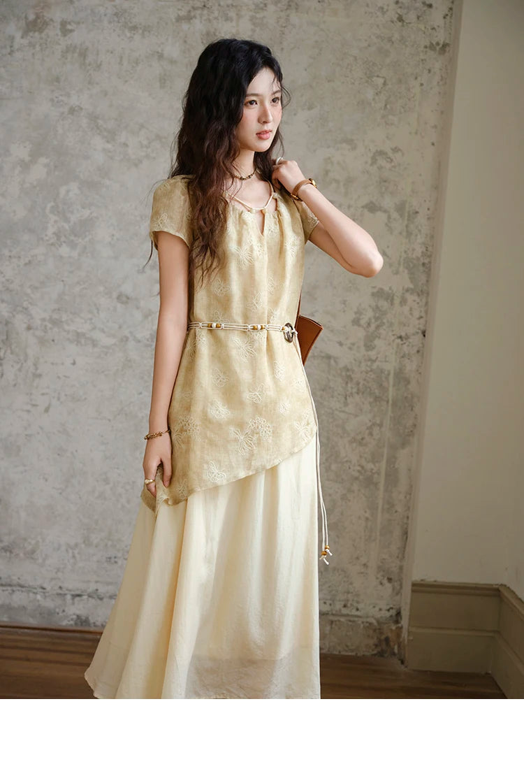 MISHOW Fashion Butterfly Embroidery Dress 2025 Summer Splicing Beaded Collar Comes with Retro Belt Dresses MXE36L2250