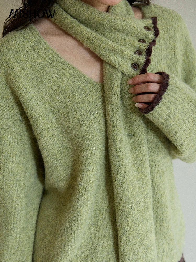 MISHOW Woman Green Detachable Scarf Sweater 2025 Winter Fashion V-neck Long Sleeves Thick Knit Pullovers Casual Top MXE90Z2791
