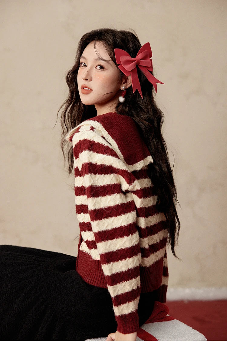 MISHOW Christmas Red Striped Turn Down Collar Cropped Cardigan Thickened Warm Wool Blend Sweater Soft Knitted Tops MXD58Z1038