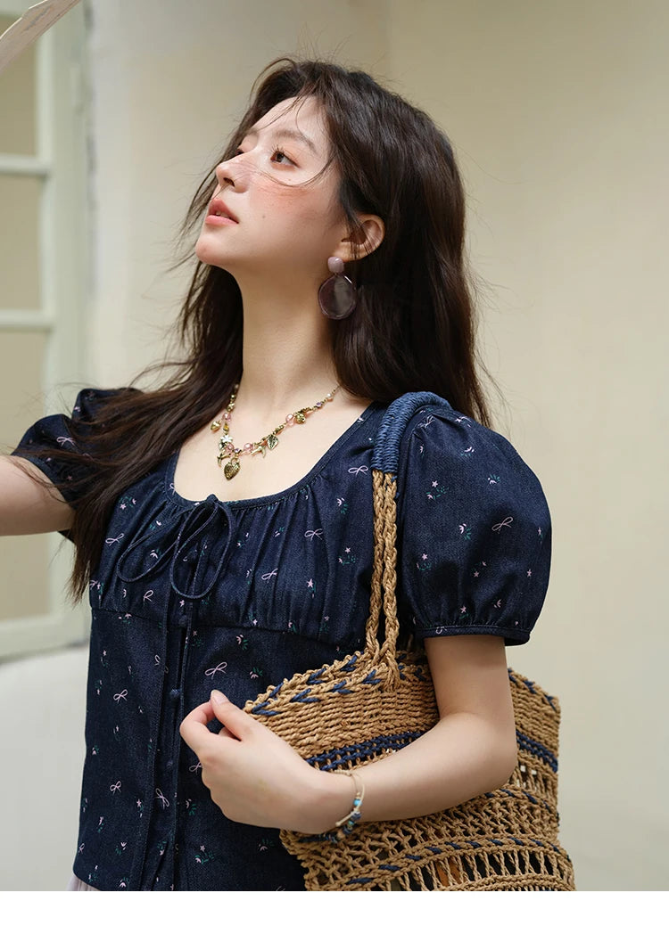 MISHOW Fashion Puff Sleeve Square Neck Blouse for Women 2025 Summer Lace Up Button Print Denim Top Women's Clothing MXE39X1933