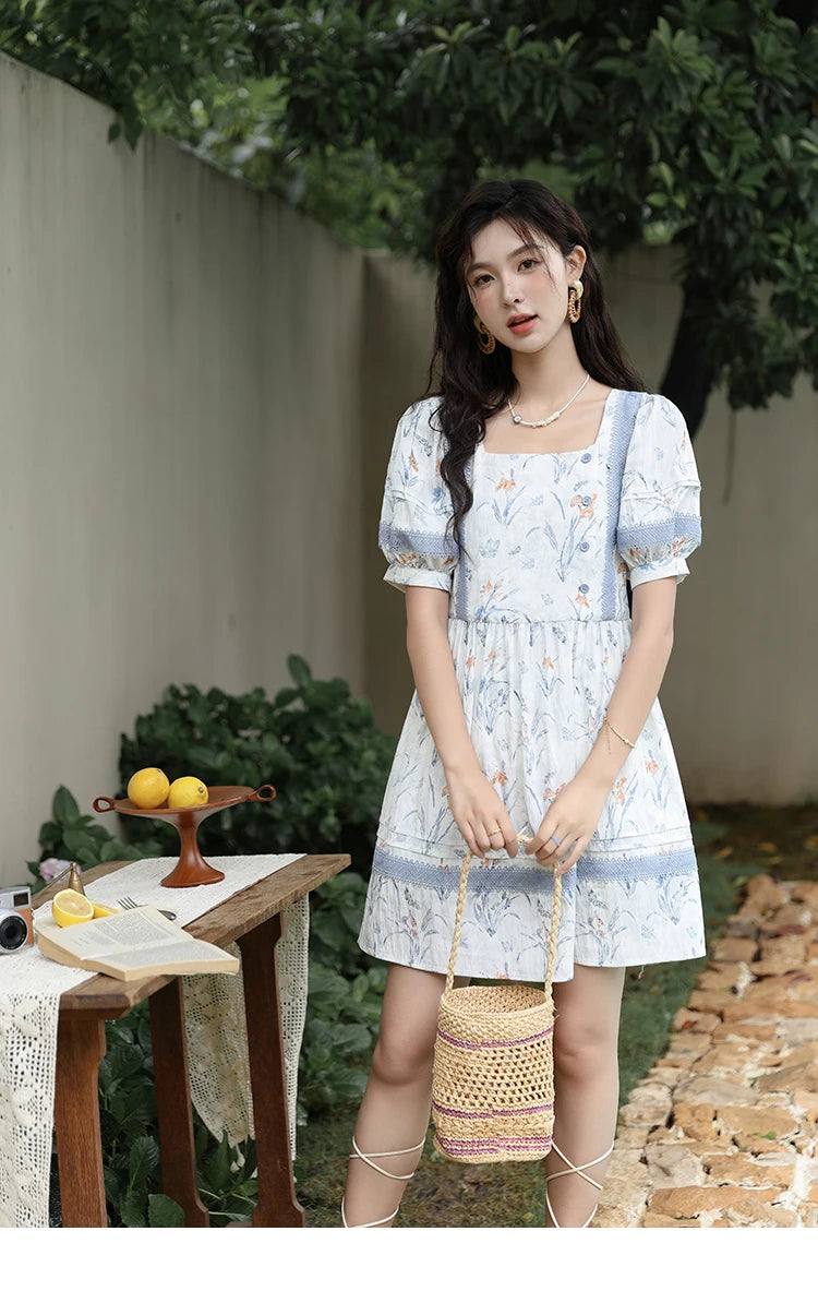 MISHOW Ink Wash Printed Fabric Dress for Women 2025 Summer French Oil Painting Square Neck Splicing Lace Doll Dresses MXD29L1932