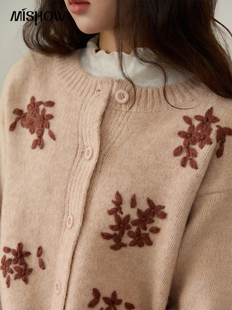 MISHOW Women's Knit Cardigan Wool 2025 Floral Embroidery Round Neck Cardigan Casual Long-sleeved Tops Woman Clothes MXE86Z2724