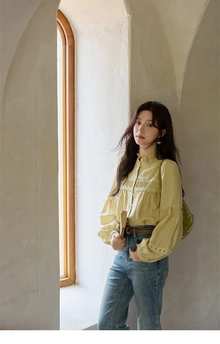 MISHOW Light Yellow Linen Solid Shirt 2025 Autumn Splicing Lace Hollow Sleeves Shirts Stand Collar Top Office Lady MXE42X1976