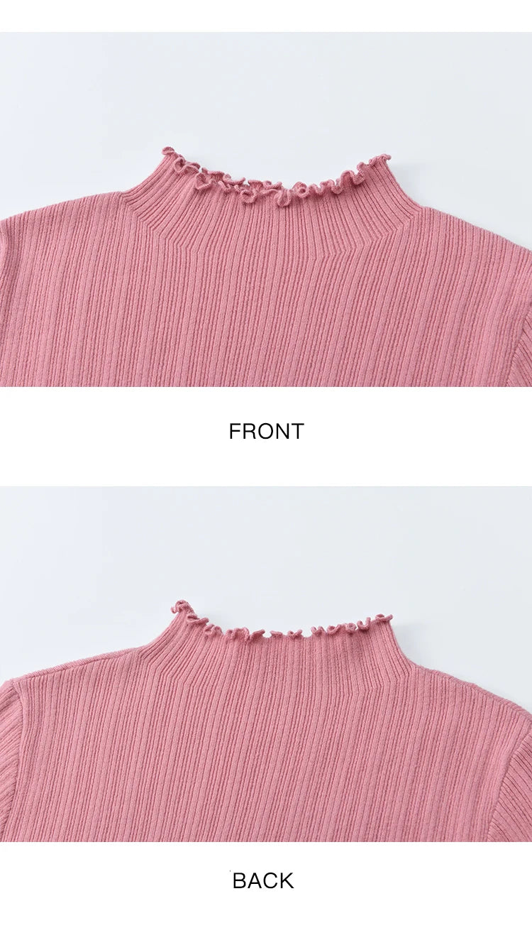 MISHOW Women's Long Sleeve Top 2025 Autumn New Casual Solid Turtleneck Slim Knit Wood Ear Edge Trumpet Sleeve Top MXE51Z2552