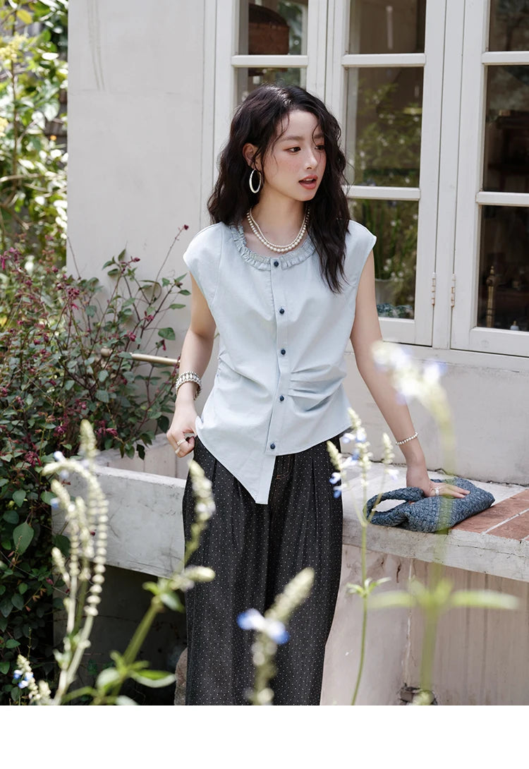 MISHOW Women's Casual Round Neck Shirt 2025 Summer New Office Lady Slim Shirt Sleeveless Button Top Female Clothing MXE38X1864