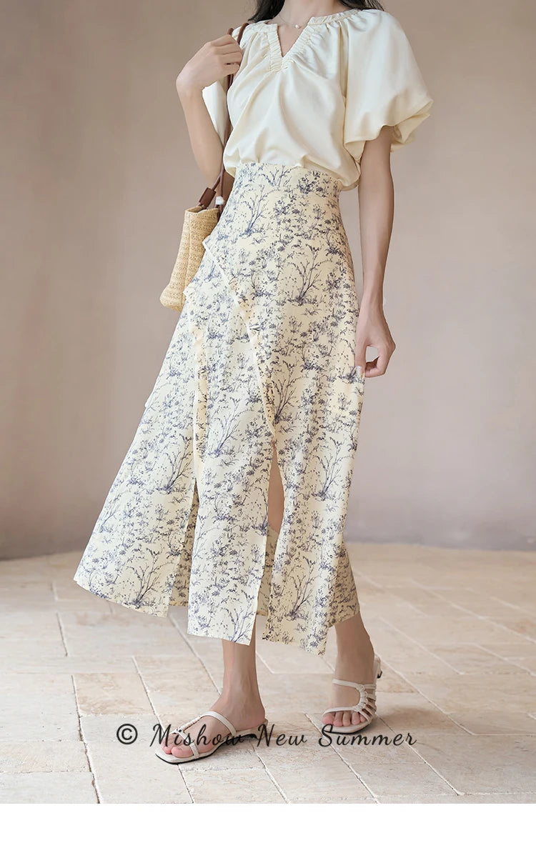 MISHOW Retro Floral Midi Skirt for Women Summer 2023 Side Split High Waist A-line Elegant Elastic Waist Long Skirts MXC37B0044